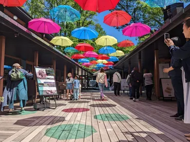 軽井沢 ハルニレテラスで「アンブレラスカイ」 傘のアーケード ...
