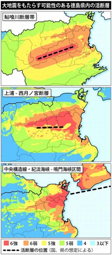 徳島県央部の2断層、大地震の恐れ直下型、震度6も
