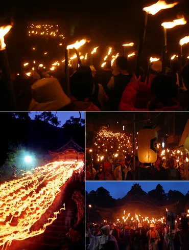 大山初夏のクライマックス「大山夏山開き祭」大神山神社参道を染め上げる幻想的な炎の帯