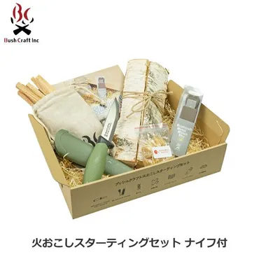 Bush craft キャンプ 火起こし ブッシュクラフト ソロ たき火 着火 ファイヤー スターター キット ナイフセット アウトドア ティンダー ウッド ロール 白樺 薪 : viewgarden
