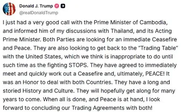 タイ・カンボジアが停戦協議開始で合意」とトランプ氏 争っているなら貿易交渉しないと通告、和平を促す:東京新聞デジタル
