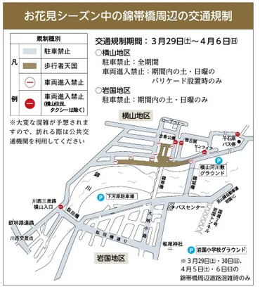 お花見シーズンの交通規制 3/29～4/6(※変更の場合あり) 